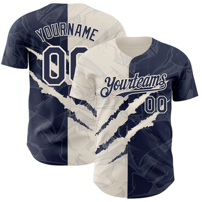 Custom Graffiti Pattern Navy-Cream 3D Scratch Authentic Baseball Jersey