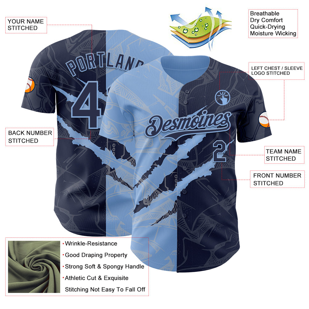 Custom Graffiti Pattern Navy-Light Blue 3D Scratch Authentic Baseball Jersey