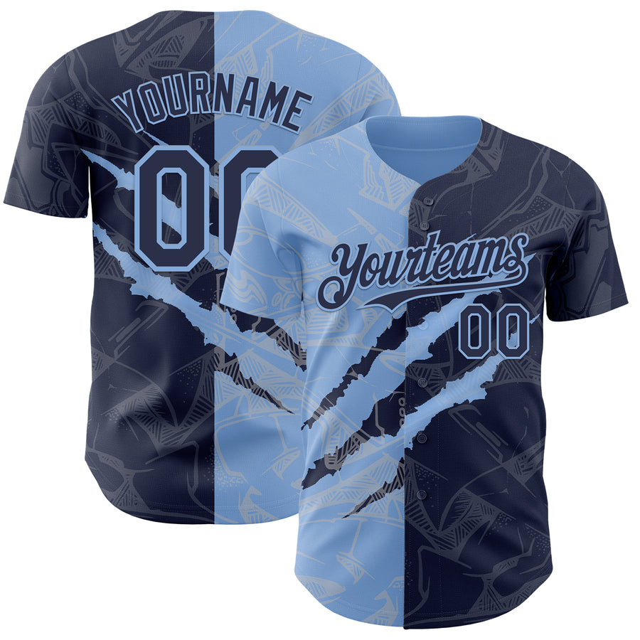 Custom Graffiti Pattern Navy-Light Blue 3D Scratch Authentic Baseball Jersey