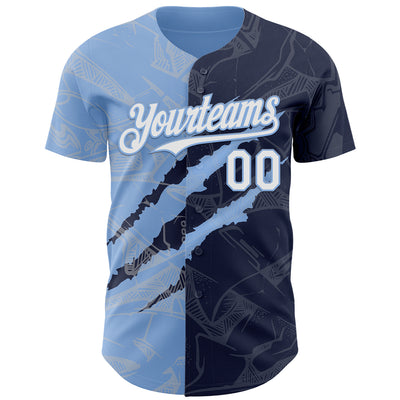 Custom Graffiti Pattern White Navy-Light Blue 3D Scratch Authentic Baseball Jersey