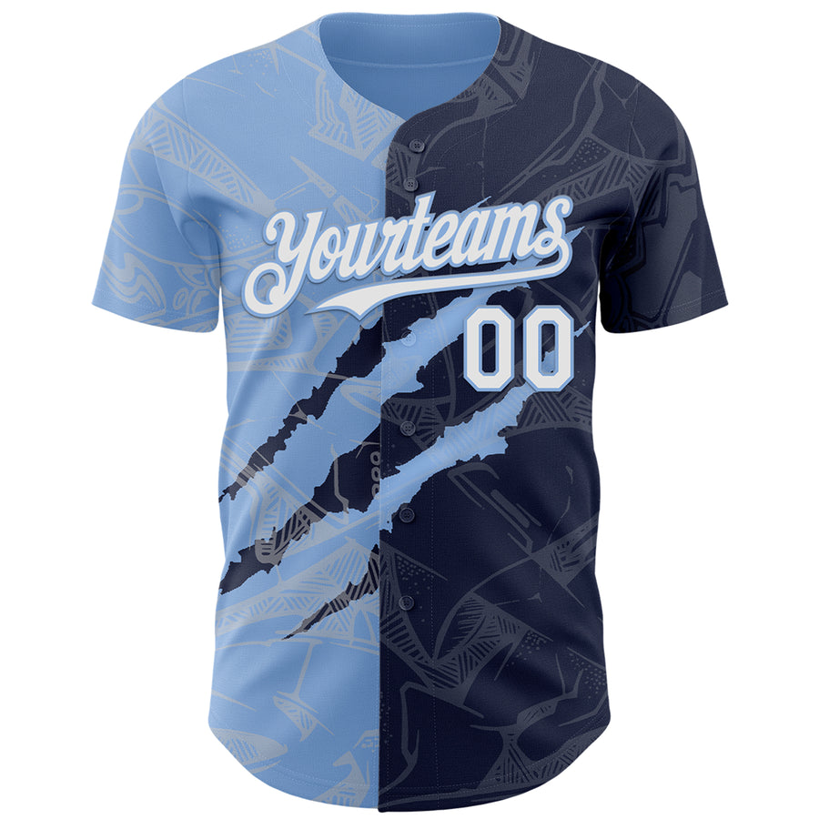 Custom Graffiti Pattern White Navy-Light Blue 3D Scratch Authentic Baseball Jersey