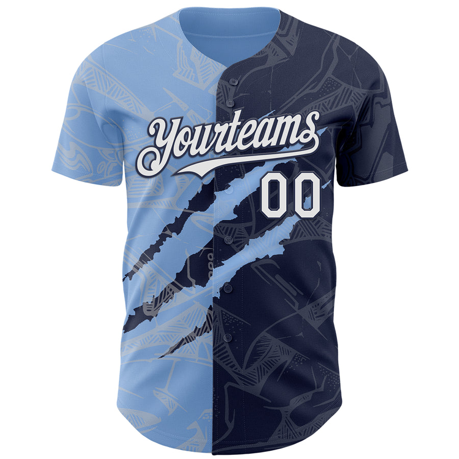 Custom Graffiti Pattern White Navy-Light Blue 3D Scratch Authentic Baseball Jersey