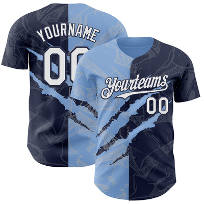 Custom Graffiti Pattern White Navy-Light Blue 3D Scratch Authentic Baseball Jersey