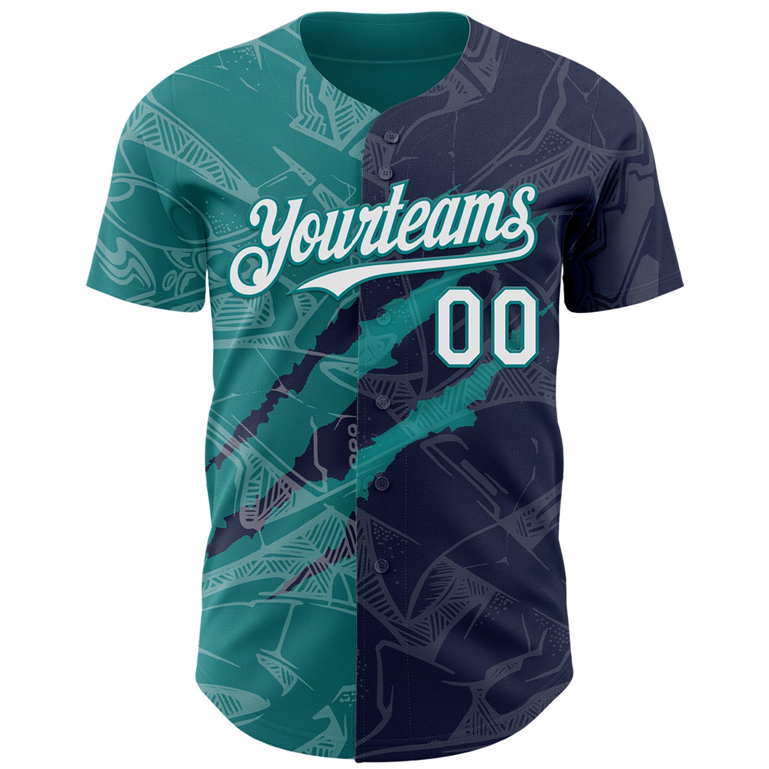 Custom Graffiti Pattern White Navy-Teal 3D Scratch Authentic Baseball Jersey