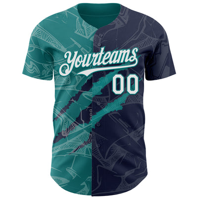 Custom Graffiti Pattern White Navy-Teal 3D Scratch Authentic Baseball Jersey