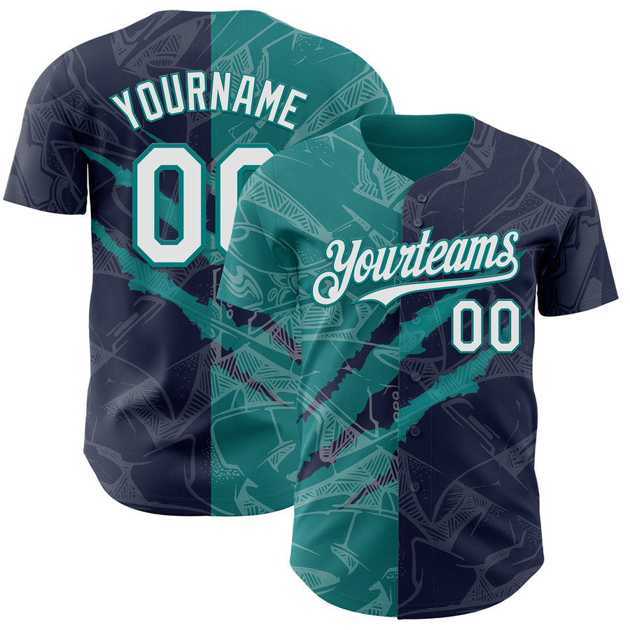 Custom Graffiti Pattern White Navy-Teal 3D Scratch Authentic Baseball Jersey