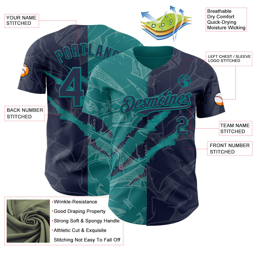Custom Graffiti Pattern Navy-Teal 3D Scratch Authentic Baseball Jersey