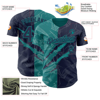 Custom Graffiti Pattern Navy-Teal 3D Scratch Authentic Baseball Jersey