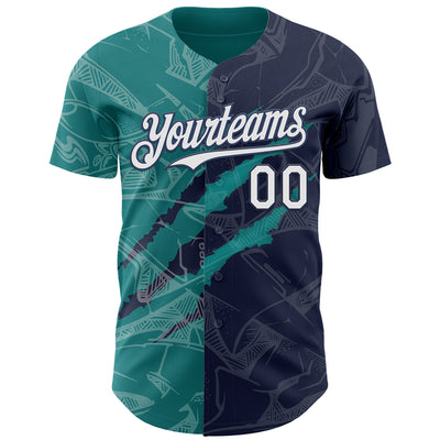 Custom Graffiti Pattern White Navy-Teal 3D Scratch Authentic Baseball Jersey