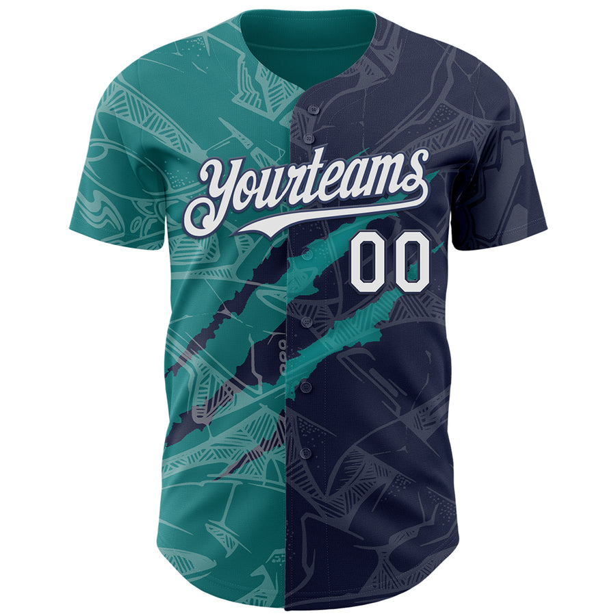 Custom Graffiti Pattern White Navy-Teal 3D Scratch Authentic Baseball Jersey
