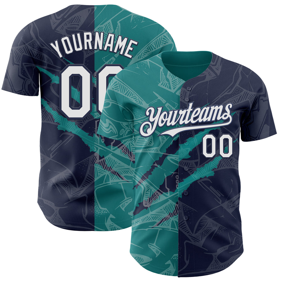 Custom Graffiti Pattern White Navy-Teal 3D Scratch Authentic Baseball Jersey