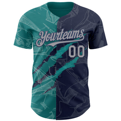 Custom Graffiti Pattern Gray Navy-Teal 3D Scratch Authentic Baseball Jersey