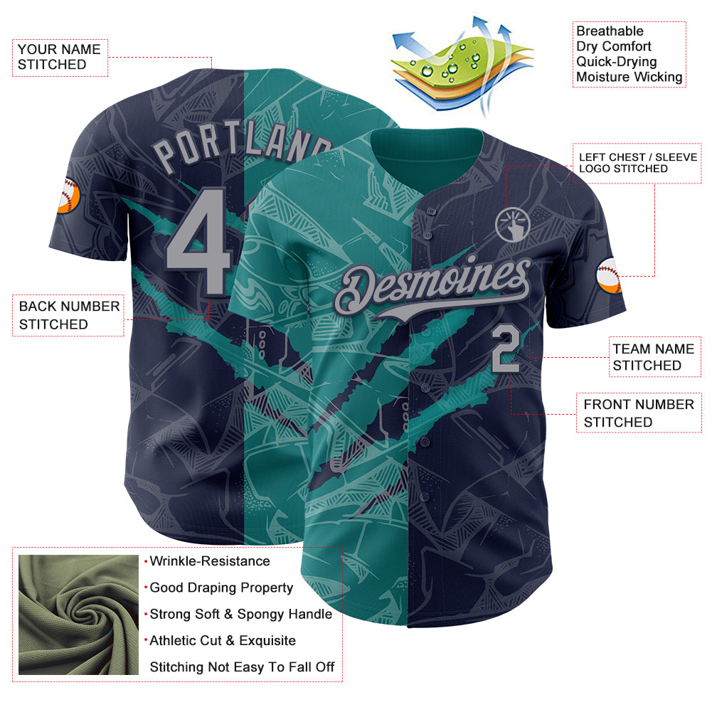 Custom Graffiti Pattern Gray Navy-Teal 3D Scratch Authentic Baseball Jersey