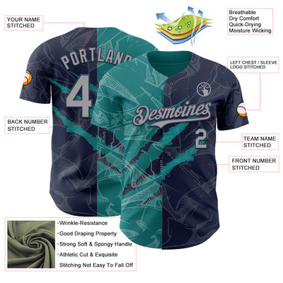 Custom Graffiti Pattern Gray Navy-Teal 3D Scratch Authentic Baseball Jersey