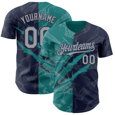 Custom Graffiti Pattern Gray Navy-Teal 3D Scratch Authentic Baseball Jersey