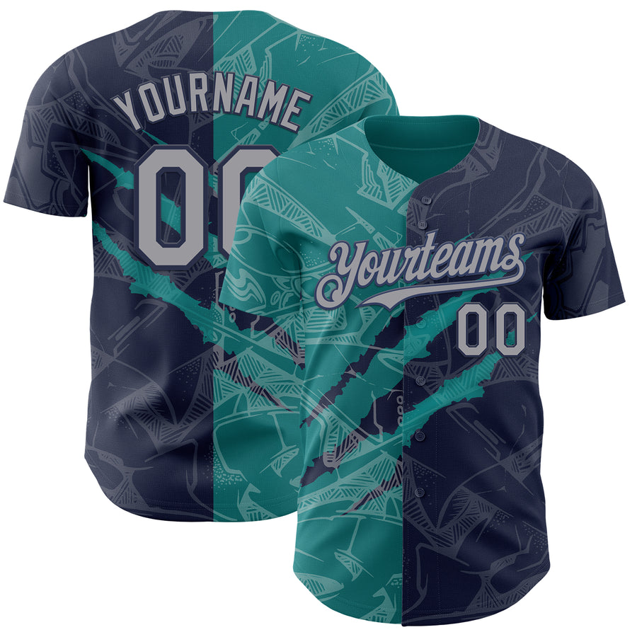 Custom Graffiti Pattern Gray Navy-Teal 3D Scratch Authentic Baseball Jersey