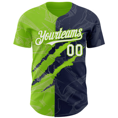 Custom Graffiti Pattern White Navy-Neon Green 3D Scratch Authentic Baseball Jersey