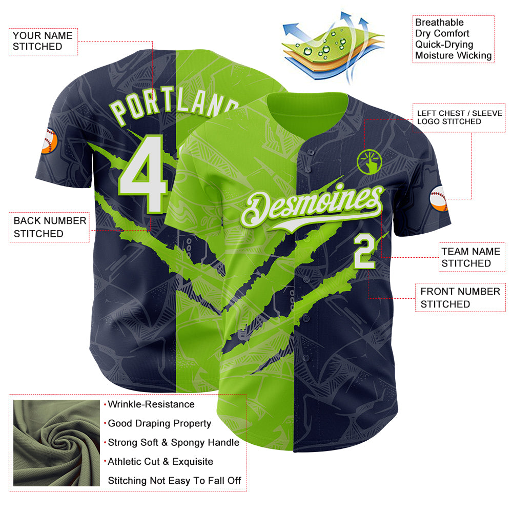 Custom Graffiti Pattern White Navy-Neon Green 3D Scratch Authentic Baseball Jersey
