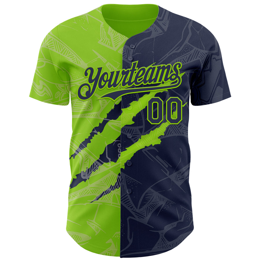 Custom Graffiti Pattern Navy-Neon Green 3D Scratch Authentic Baseball Jersey