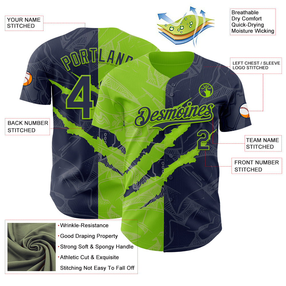 Custom Graffiti Pattern Navy-Neon Green 3D Scratch Authentic Baseball Jersey