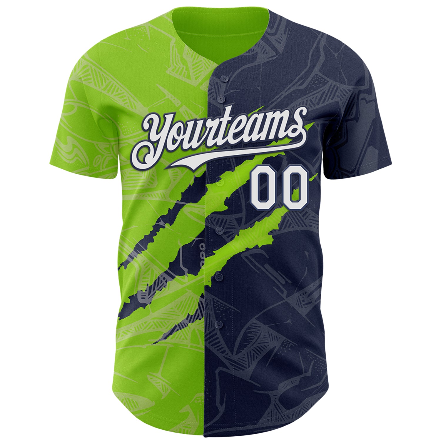 Custom Graffiti Pattern White Navy-Neon Green 3D Scratch Authentic Baseball Jersey