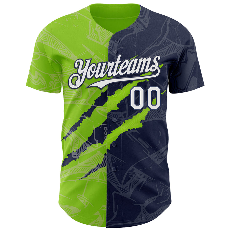 Custom Graffiti Pattern White Navy-Neon Green 3D Scratch Authentic Baseball Jersey