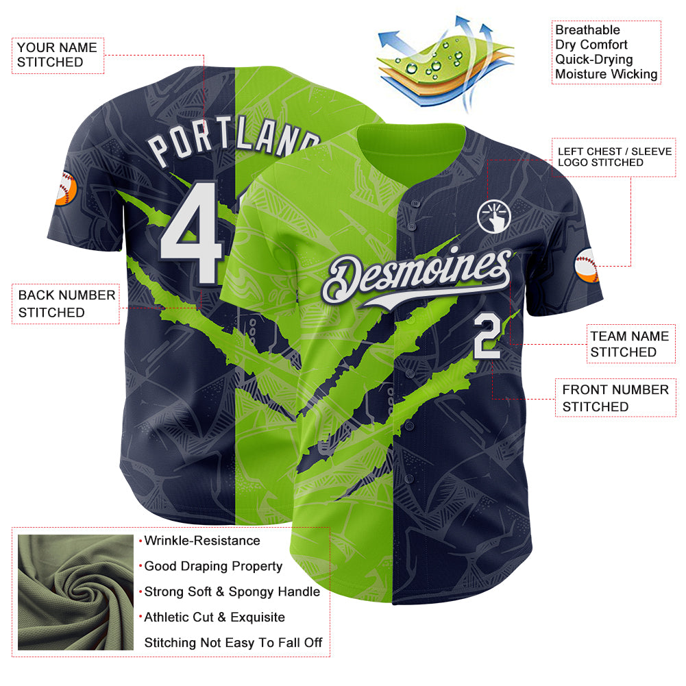 Custom Graffiti Pattern White Navy-Neon Green 3D Scratch Authentic Baseball Jersey