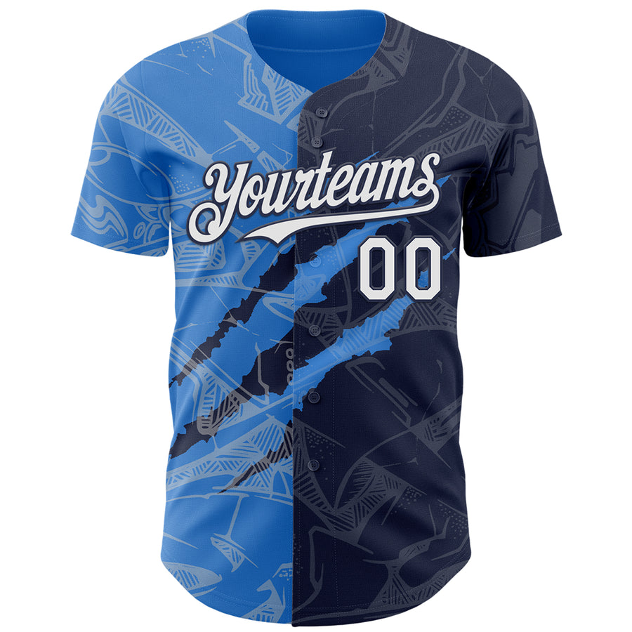Custom Graffiti Pattern White Navy-Electric Blue 3D Scratch Authentic Baseball Jersey