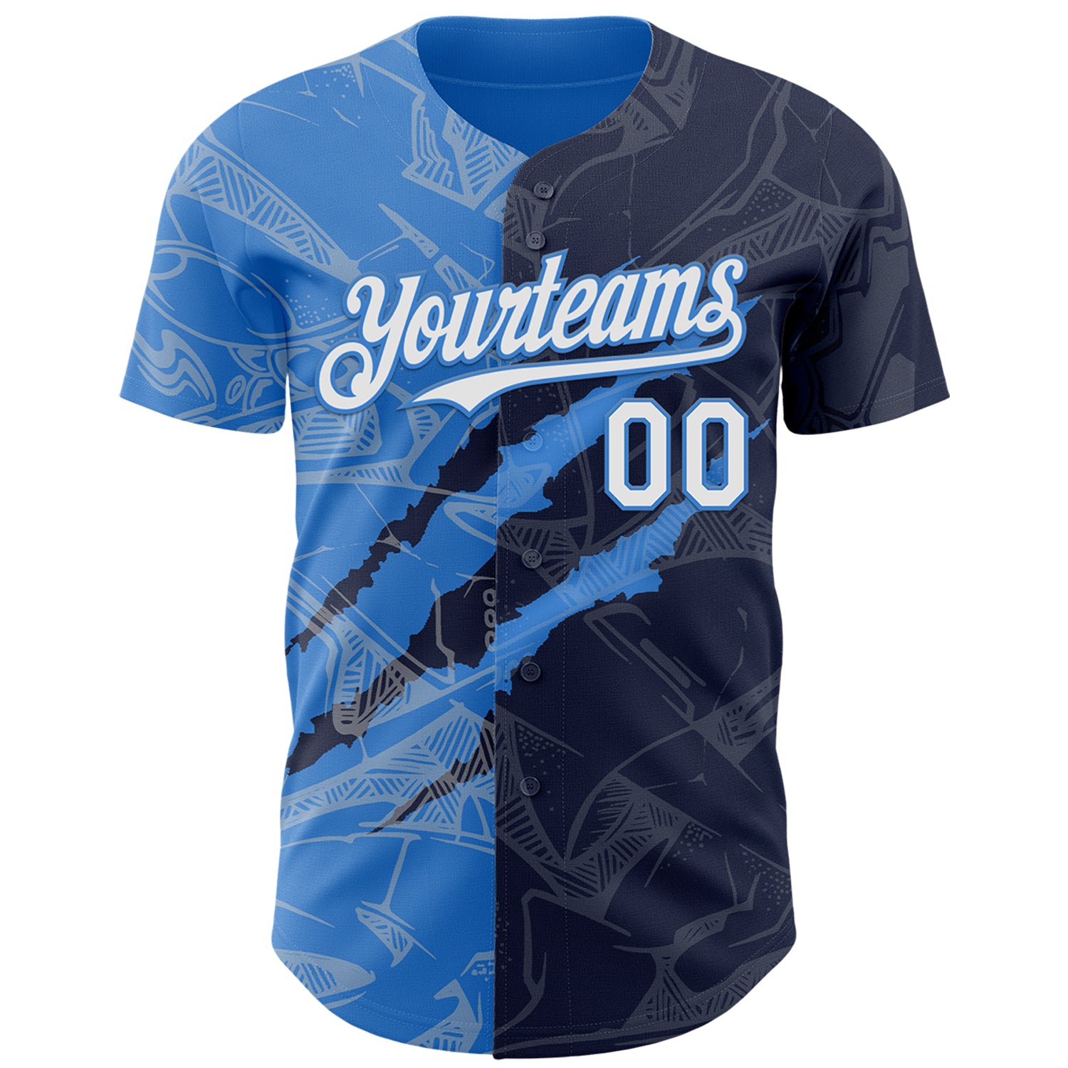 Custom Graffiti Pattern White Navy-Electric Blue 3D Scratch Authentic Baseball Jersey