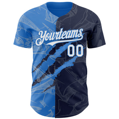 Custom Graffiti Pattern White Navy-Electric Blue 3D Scratch Authentic Baseball Jersey