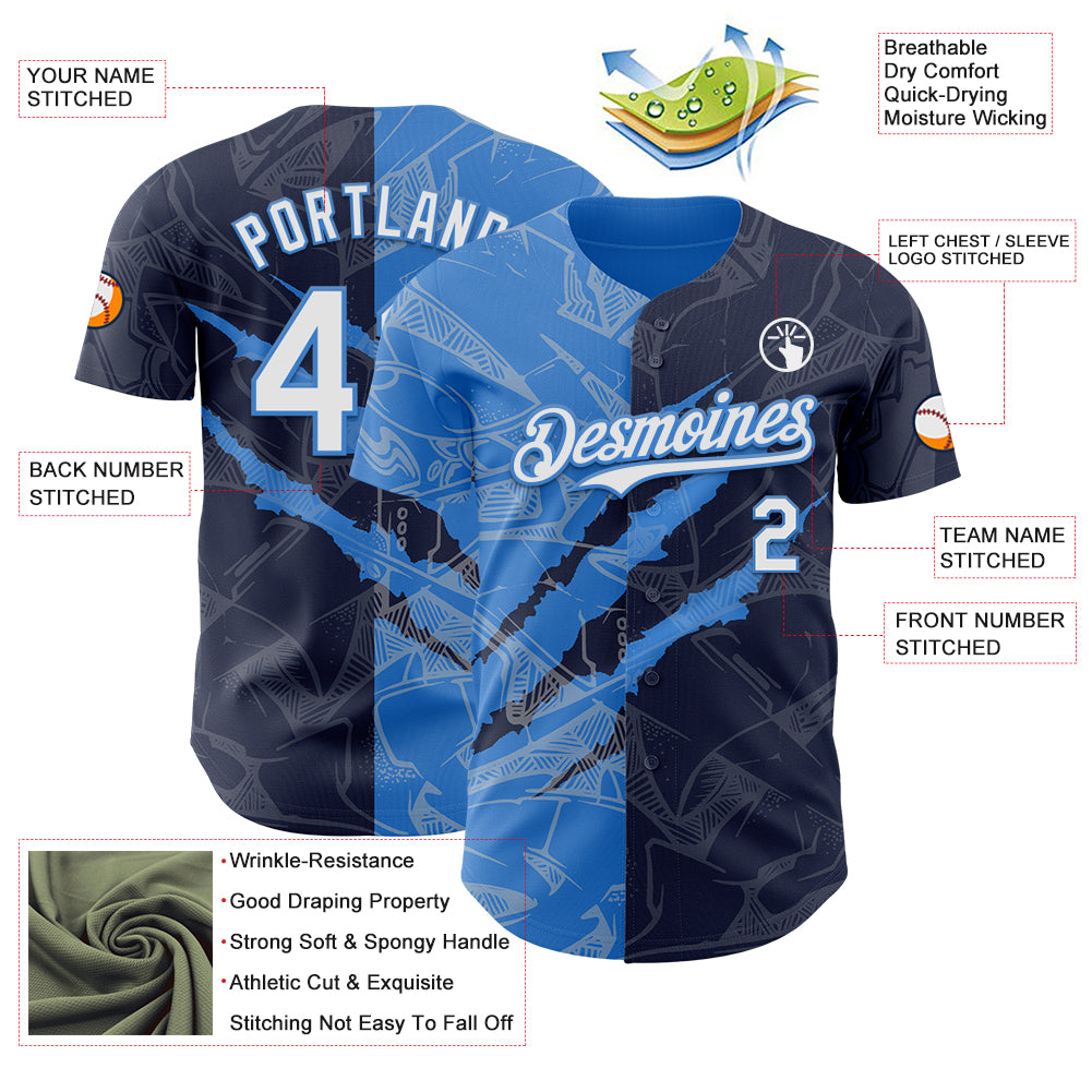 Custom Graffiti Pattern White Navy-Electric Blue 3D Scratch Authentic Baseball Jersey