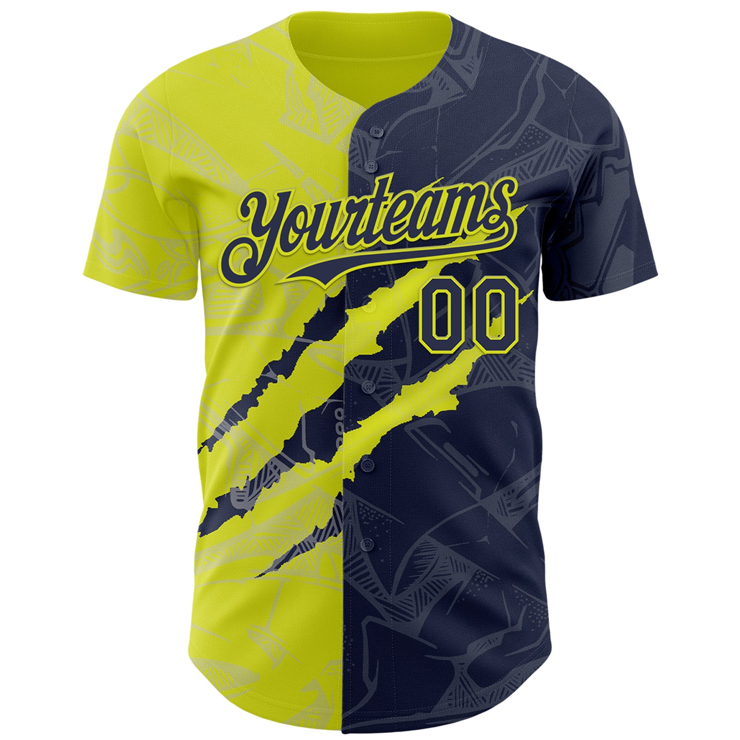 Custom Graffiti Pattern Navy-Neon Yellow 3D Scratch Authentic Baseball Jersey