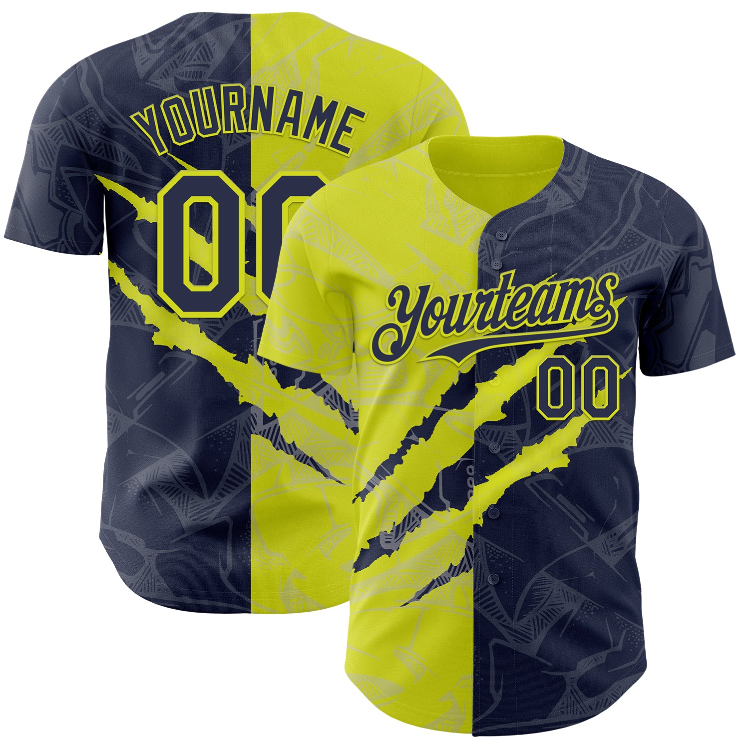 Custom Graffiti Pattern Navy-Neon Yellow 3D Scratch Authentic Baseball Jersey