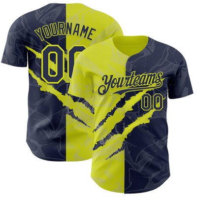 Custom Graffiti Pattern Navy-Neon Yellow 3D Scratch Authentic Baseball Jersey