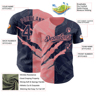Custom Graffiti Pattern Navy-Medium Pink 3D Scratch Authentic Baseball Jersey