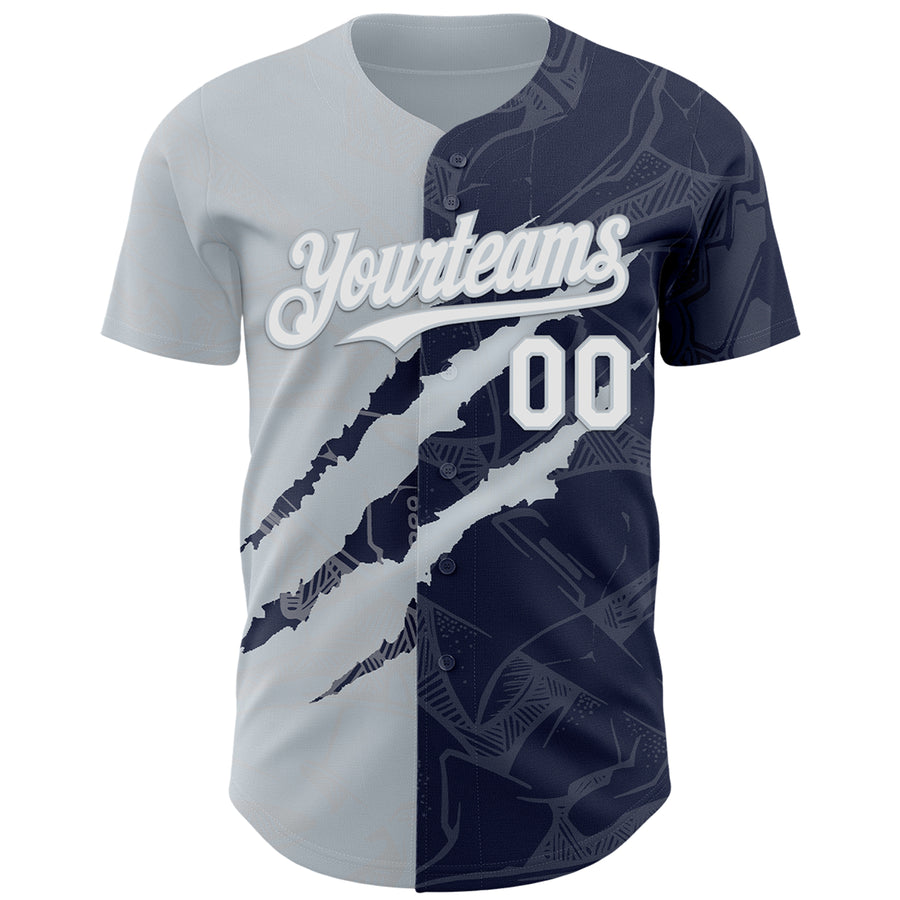 Custom Graffiti Pattern White Navy-Silver 3D Scratch Authentic Baseball Jersey