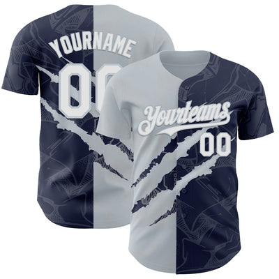 Custom Graffiti Pattern White Navy-Silver 3D Scratch Authentic Baseball Jersey