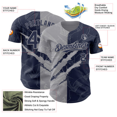 Custom Graffiti Pattern Navy-Gray 3D Scratch Authentic Baseball Jersey
