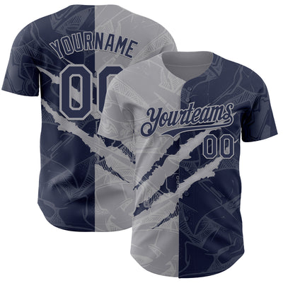 Custom Graffiti Pattern Navy-Gray 3D Scratch Authentic Baseball Jersey