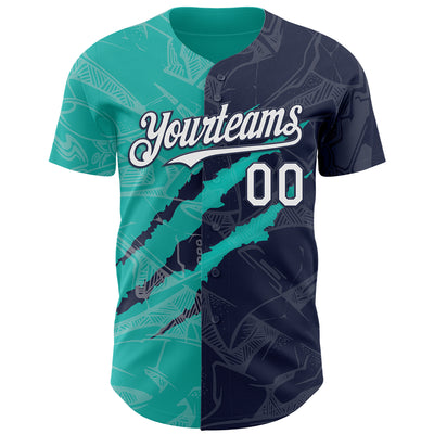 Custom Graffiti Pattern White Navy-Aqua 3D Scratch Authentic Baseball Jersey