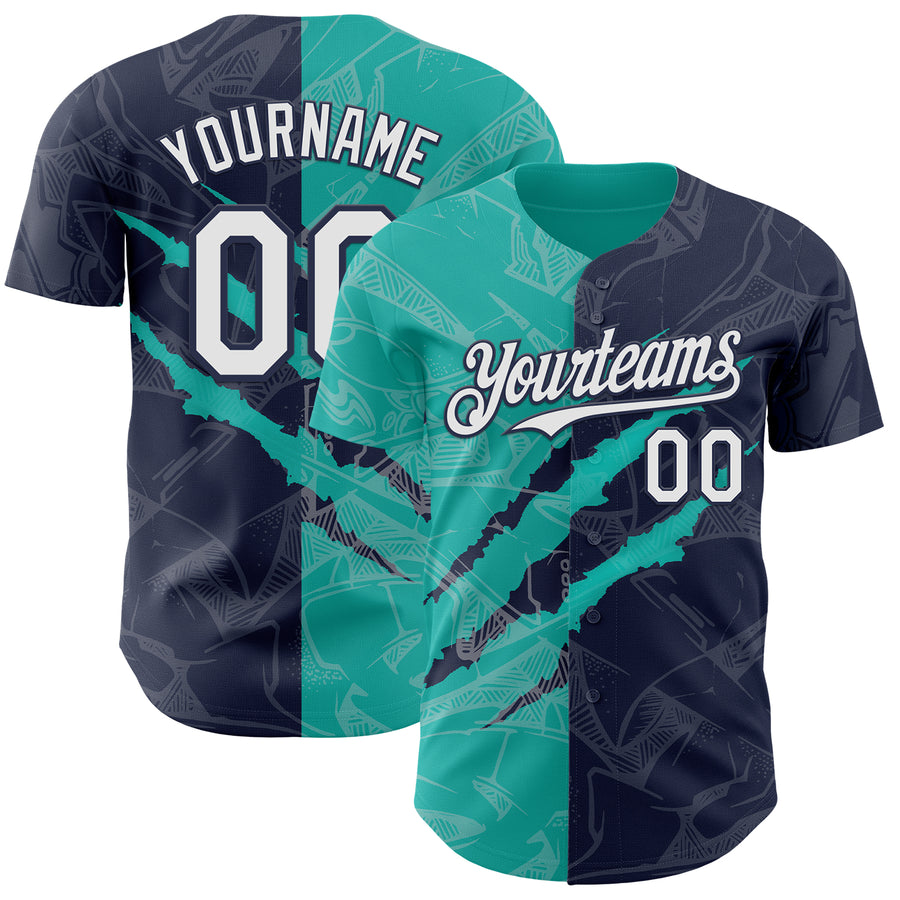 Custom Graffiti Pattern White Navy-Aqua 3D Scratch Authentic Baseball Jersey