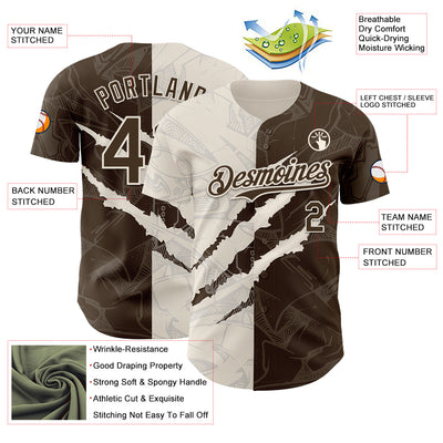 Custom Graffiti Pattern Brown-Cream 3D Scratch Authentic Baseball Jersey