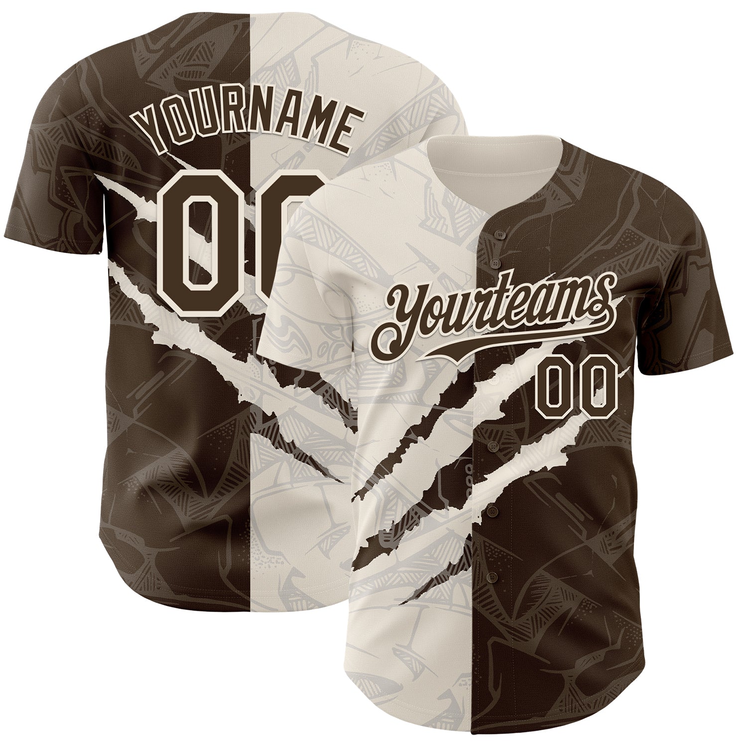 Custom Graffiti Pattern Brown-Cream 3D Scratch Authentic Baseball Jersey