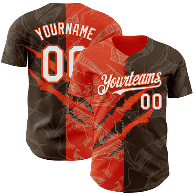 Custom Graffiti Pattern White Brown-Orange 3D Scratch Authentic Baseball Jersey