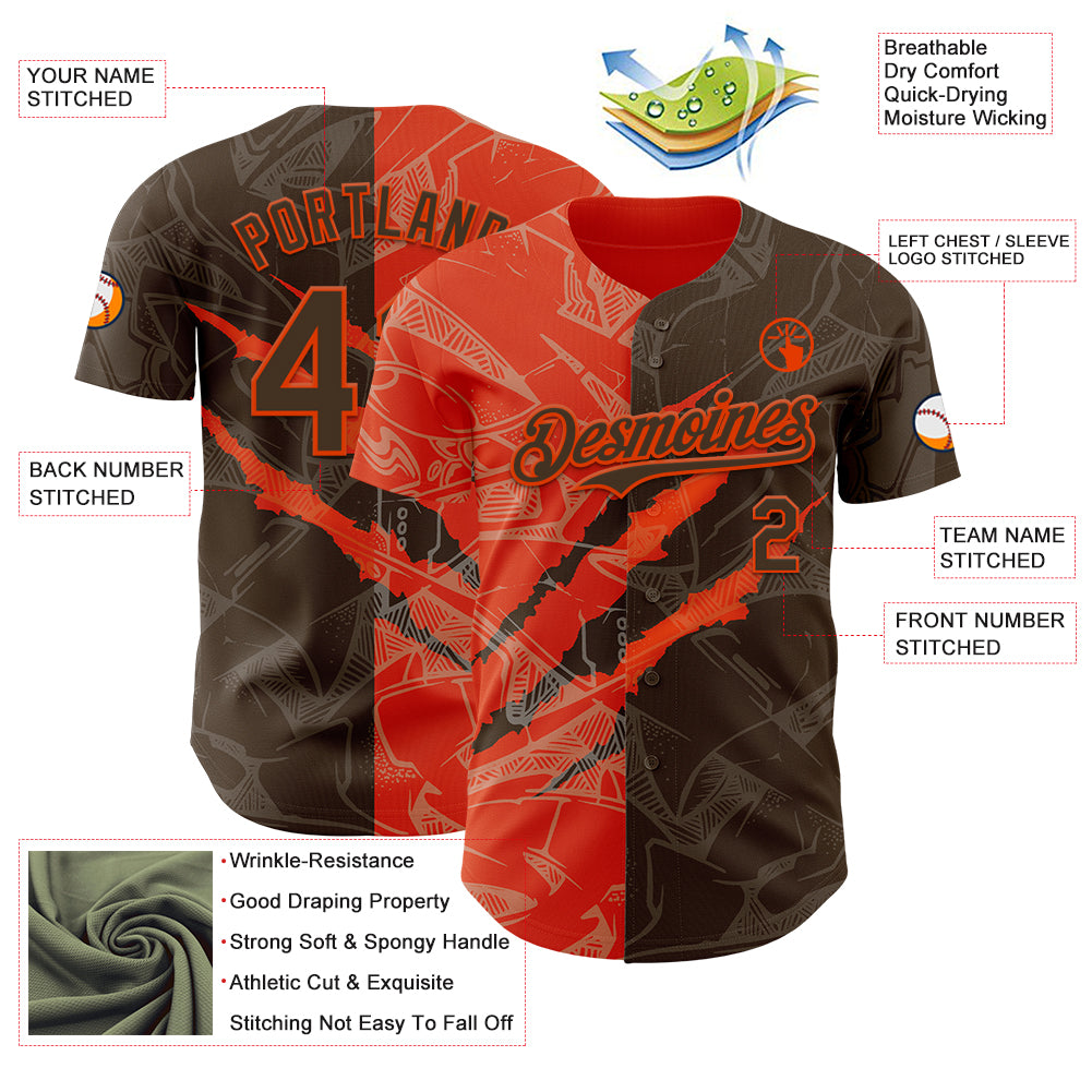 Custom Graffiti Pattern Brown-Orange 3D Scratch Authentic Baseball Jersey