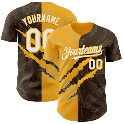 Custom Graffiti Pattern White Brown-Gold 3D Scratch Authentic Baseball Jersey