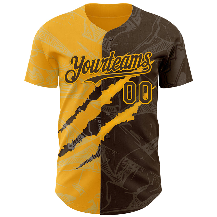 Custom Graffiti Pattern Brown-Gold 3D Scratch Authentic Baseball Jersey