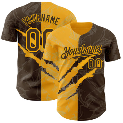 Custom Graffiti Pattern Brown-Gold 3D Scratch Authentic Baseball Jersey