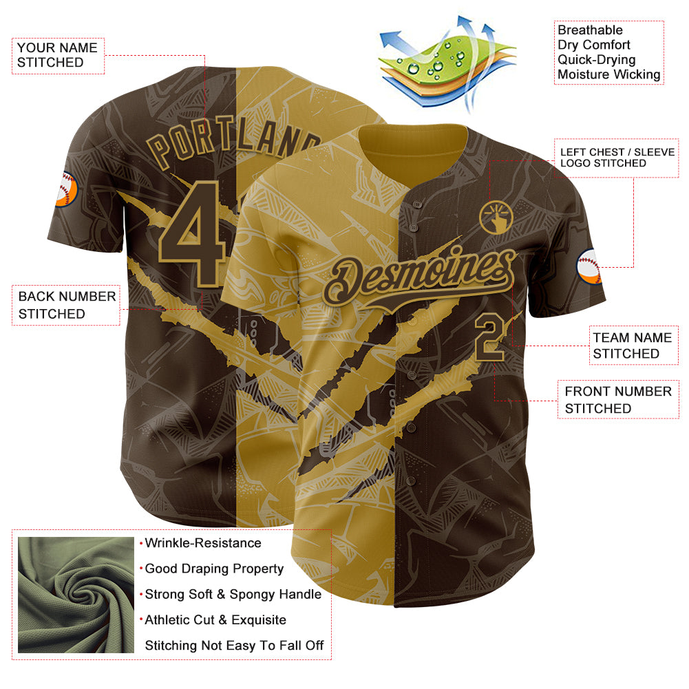 Custom Graffiti Pattern Brown-Old Gold 3D Scratch Authentic Baseball Jersey