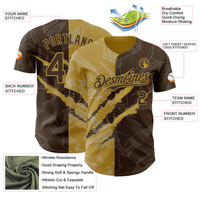 Custom Graffiti Pattern Brown-Old Gold 3D Scratch Authentic Baseball Jersey